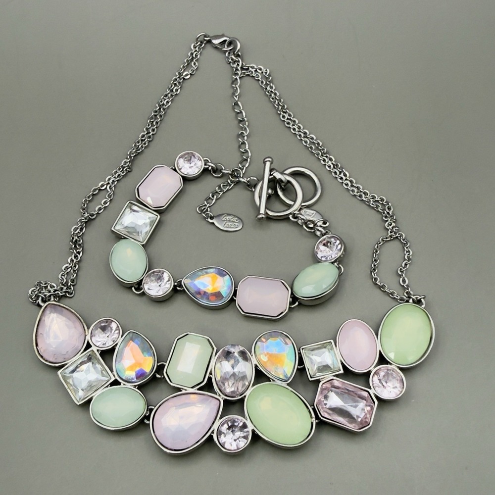 Cookie Lee Pink Green Rhinestone Necklace Bracelet Set Silver Tone Bib Statement